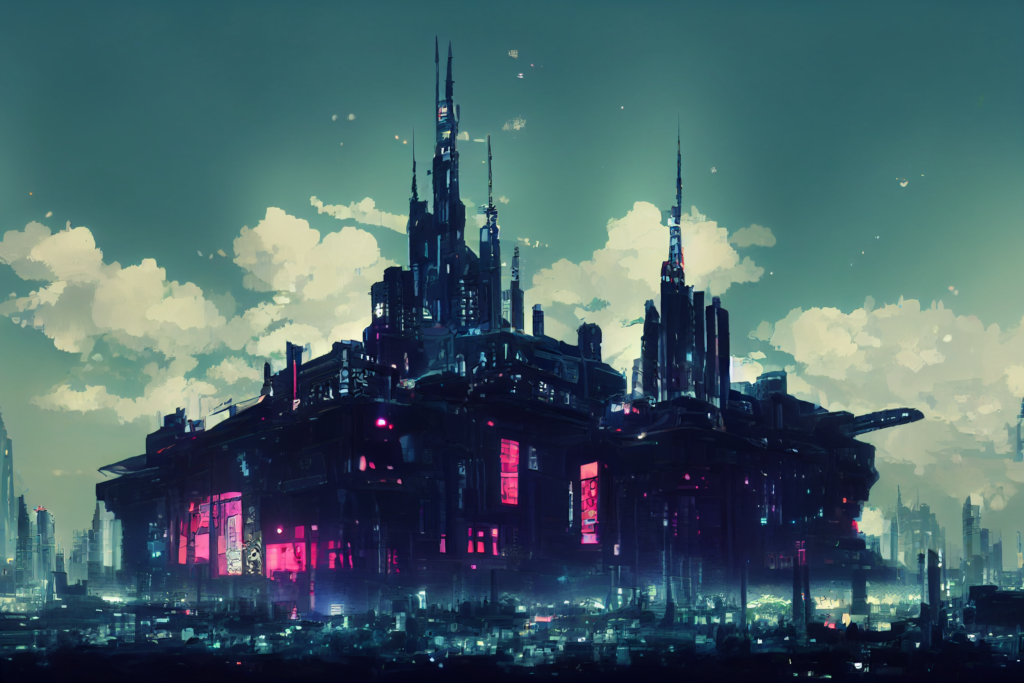 サイバーパンクな城の外観の背景イラスト02,Illustration of Cyberpunk Castle02