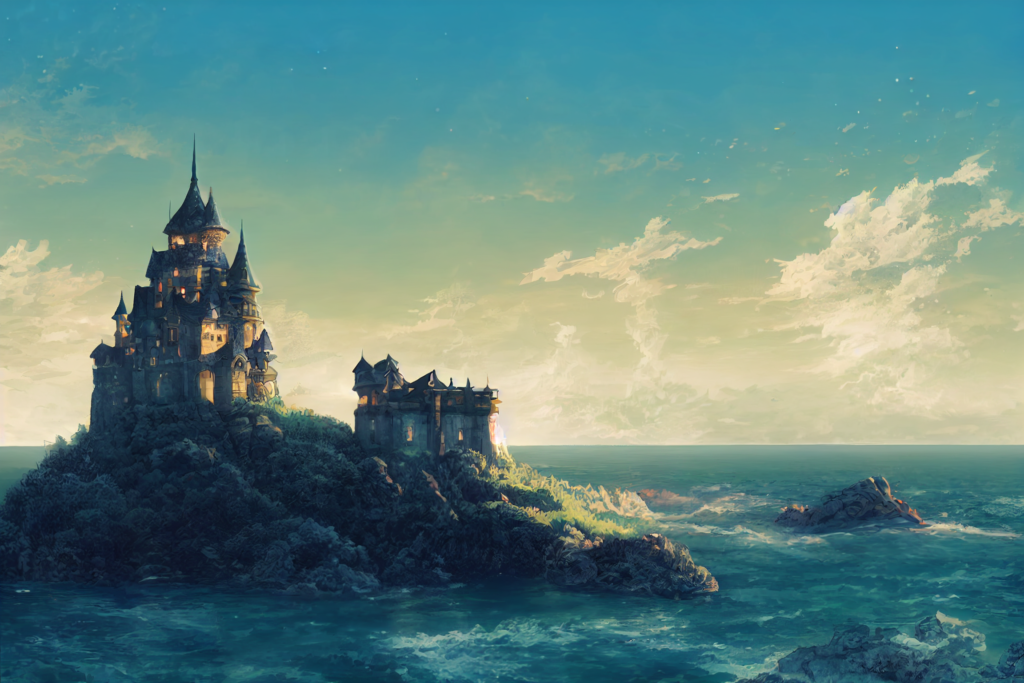 水上＆海上にある城の外観の背景イラスト01,Illustration of Floating Castle01
