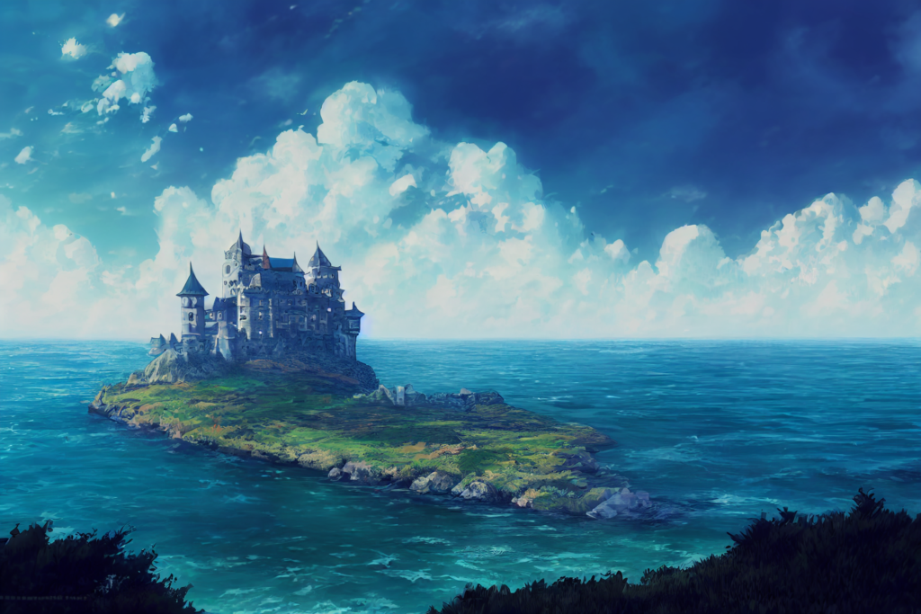 水上＆海上にある城の外観の背景イラスト02,Illustration of Floating Castle02