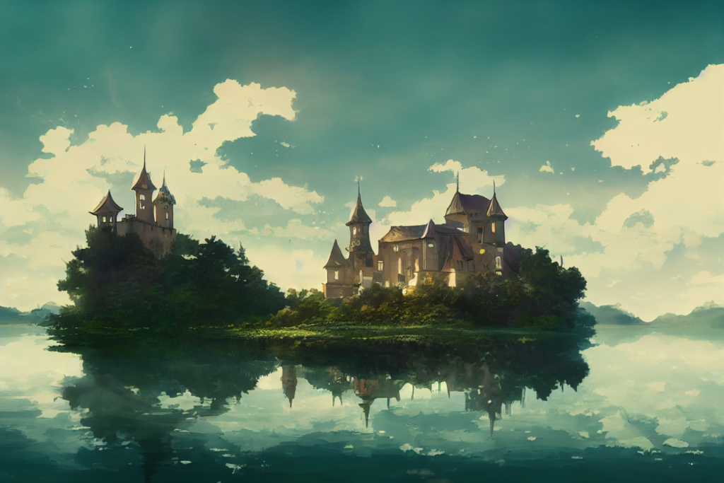 水上＆海上にある城の外観の背景イラスト03,Illustration of Floating Castle03