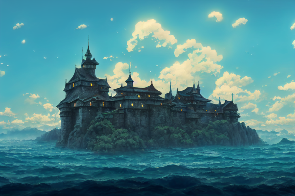 水上＆海上にある城の外観の背景イラスト04,Illustration of Floating Castle04