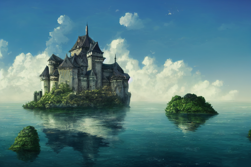 水上＆海上にある城の外観の背景イラスト05,Illustration of Floating Castle05