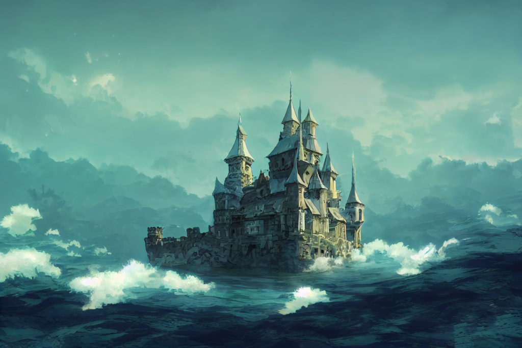 水上＆海上にある城の外観の背景イラスト06,Illustration of Floating Castle06