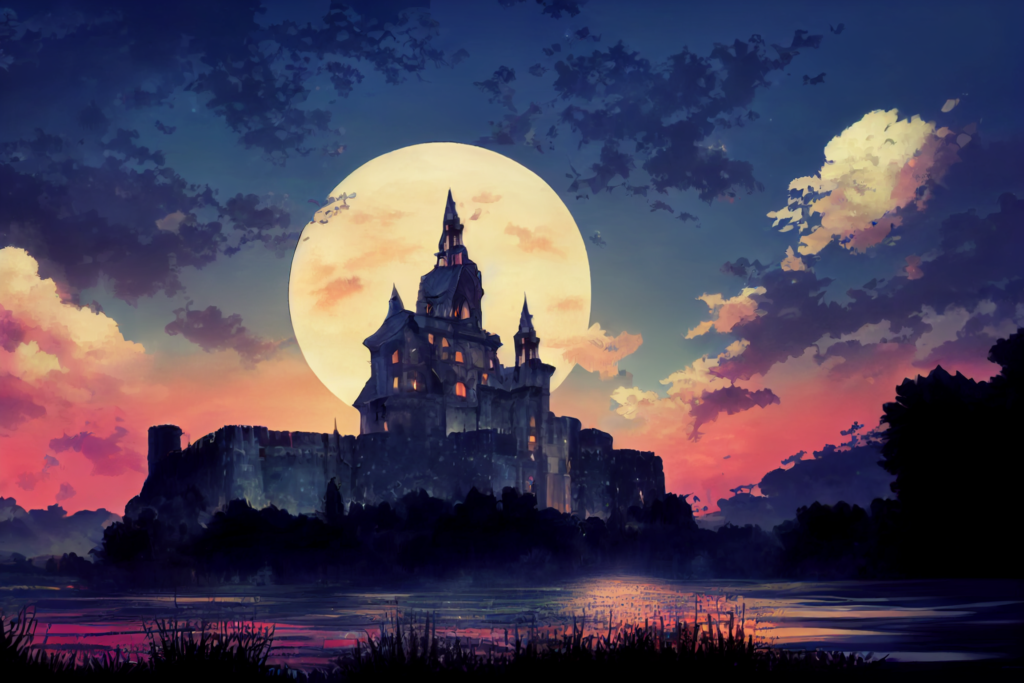 水上＆海上にある城の外観の背景イラスト07,Illustration of Floating Castle07,evening,night