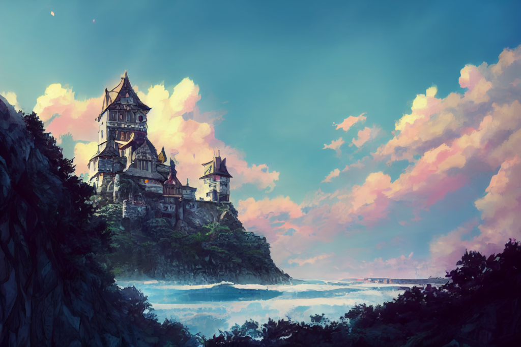 水上＆海上にある城の外観の背景イラスト10,Illustration of Floating Castle10,evening