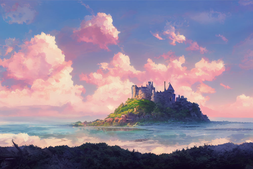 水上＆海上にある城の外観の背景イラスト13,Illustration of Floating Castle13,sunset,evening