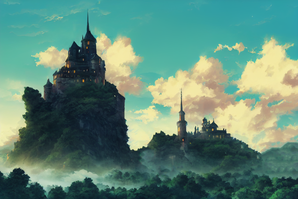 森の中にある城の外観の背景イラスト03,Illustration of Castle in the forrest03