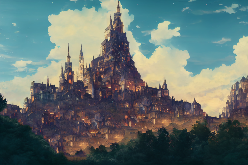 森の中にある城の外観の背景イラスト05,Illustration of Castle in the forrest05,huge castle