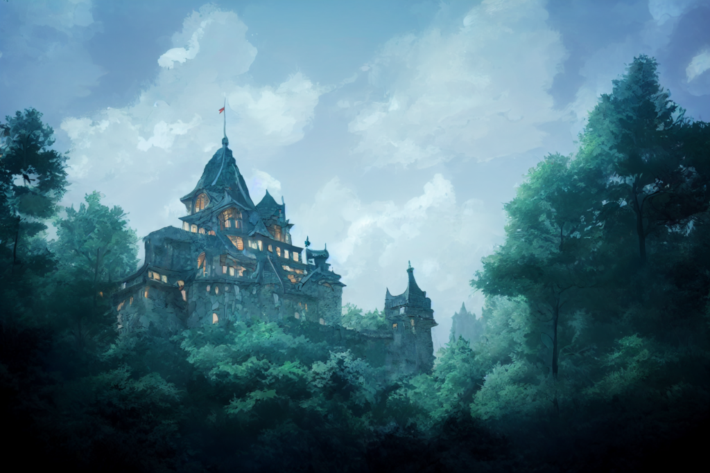 森の中にある城の外観の背景イラスト08,Illustration of Castle in the forrest08