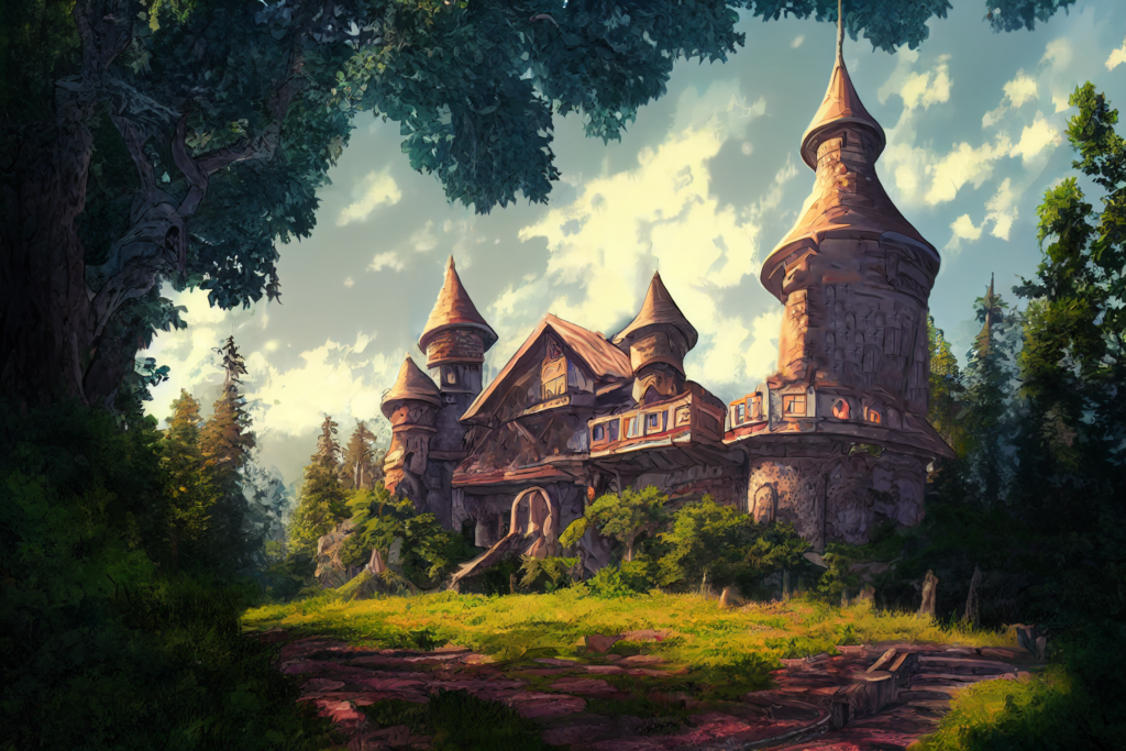 森の中にある城の外観の背景イラスト09,Illustration of Castle in the forrest09
