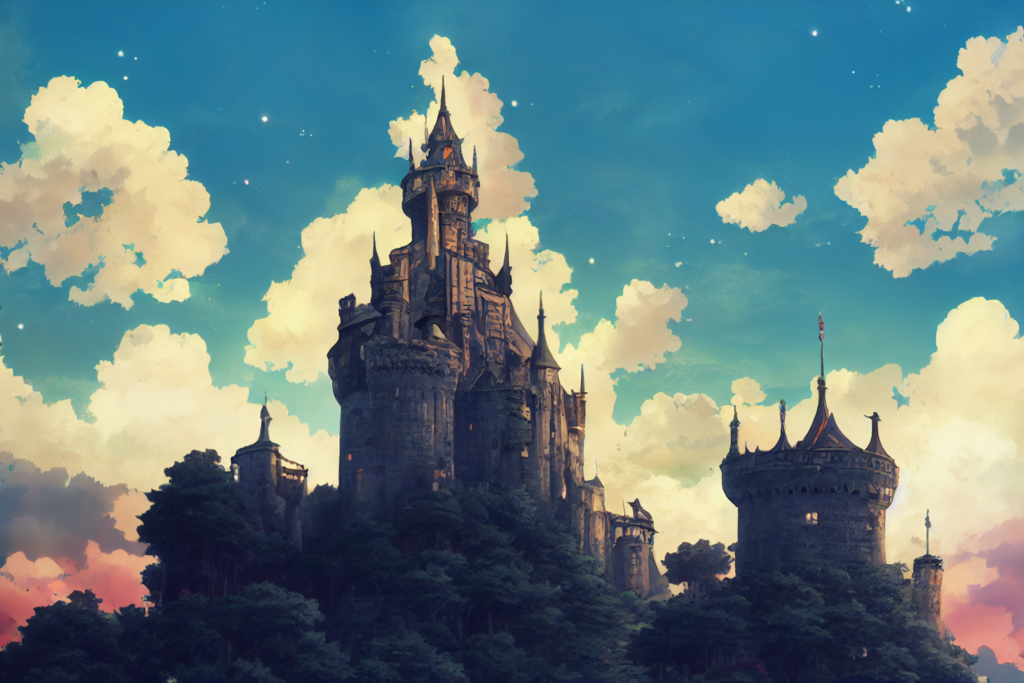 森の中にある城の外観の背景イラスト11,Illustration of Castle in the forrest11,evening