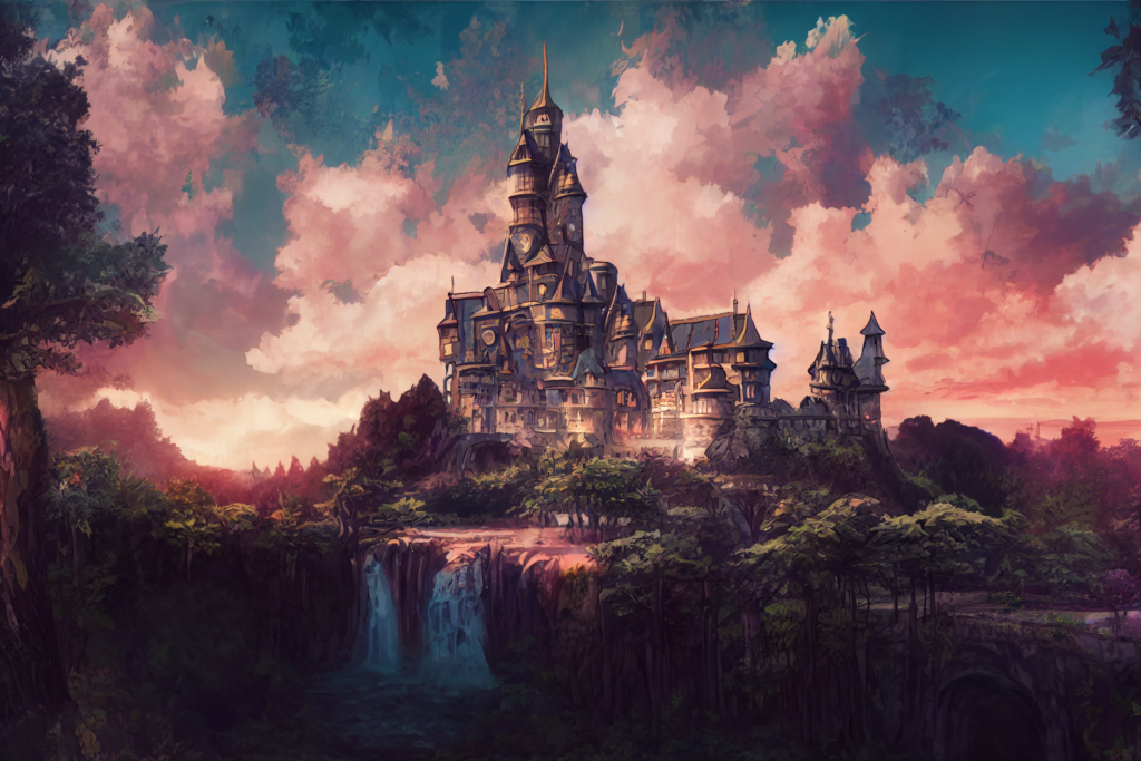 森の中にある城の外観の背景イラスト14,Illustration of Castle in the forrest14,evening,waterfall