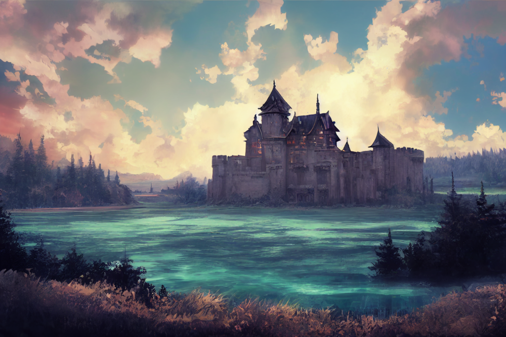 森の中にある城の外観の背景イラスト15,Illustration of Castle in the forrest15,evening