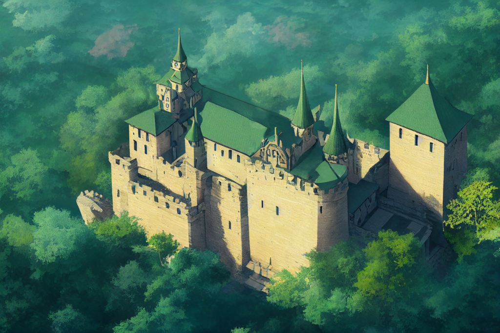 森の中にある城の外観の背景イラスト17,Illustration of Castle in the forrest17,aerial view
