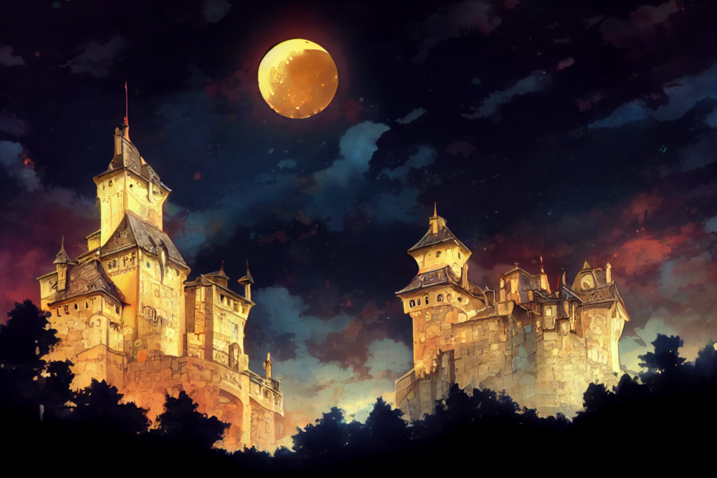 森の中にある城の外観の背景イラスト18,Illustration of Castle in the forrest18,night