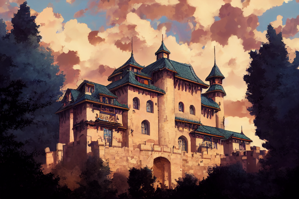 森の中にある城の外観の背景イラスト20,Illustration of Castle in the forrest20,evening,sunset