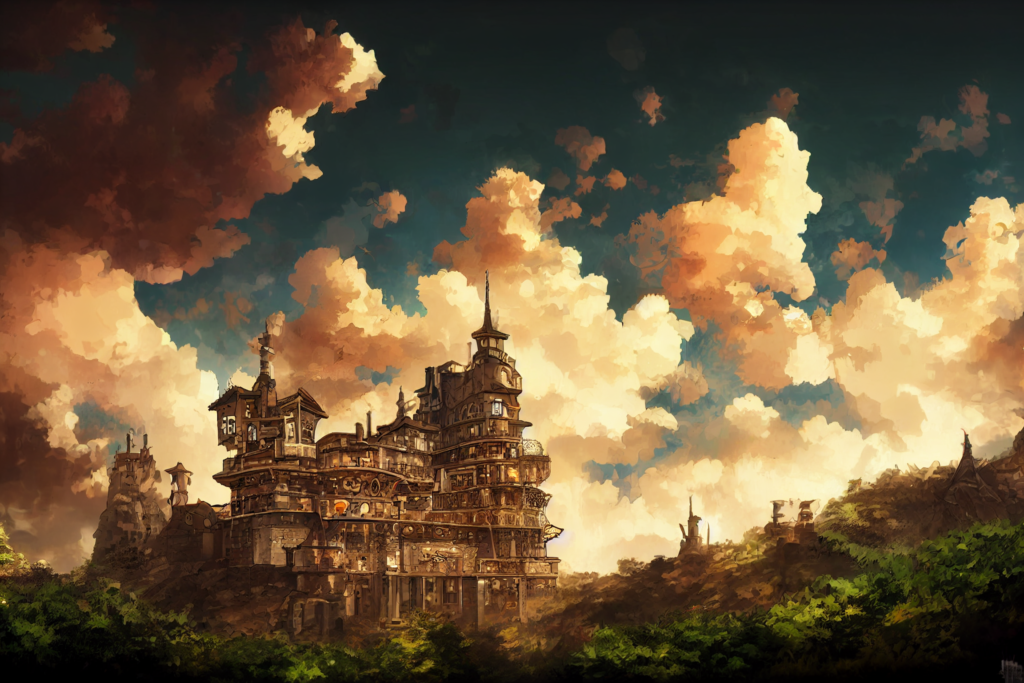 スチームパンクな城の外観の背景イラスト01,Illustration of Steampunk Castle01