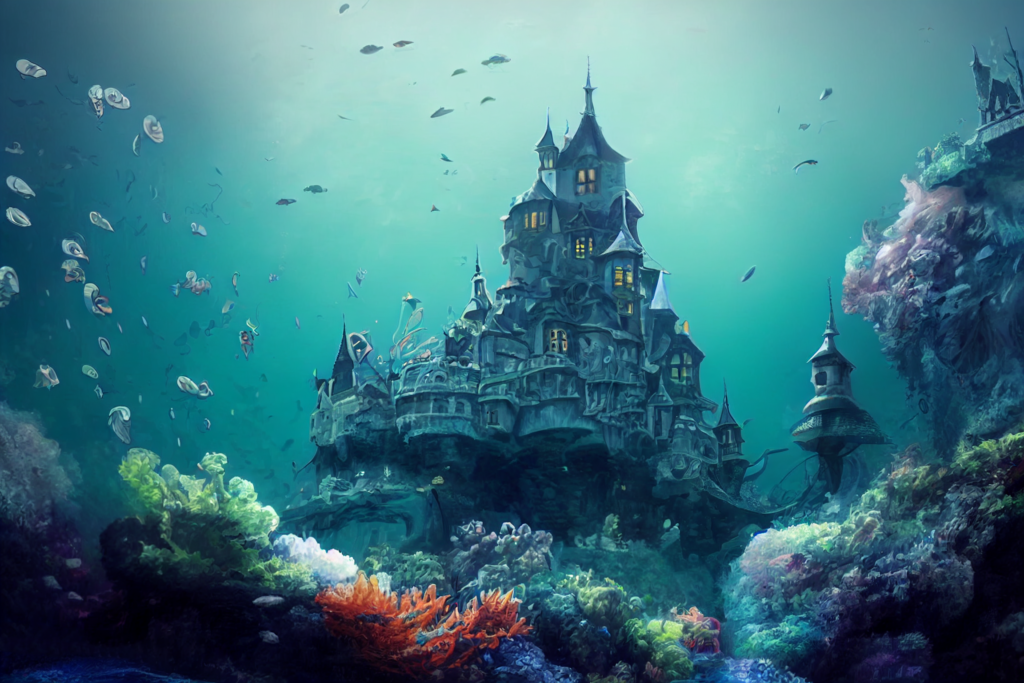 海中にある城の外観の背景イラスト02,Illustration of Undersea Castle02