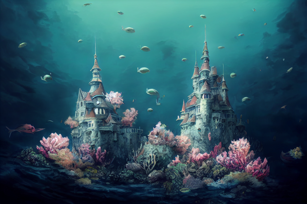 海中にある城の外観の背景イラスト03,Illustration of Undersea Castle03