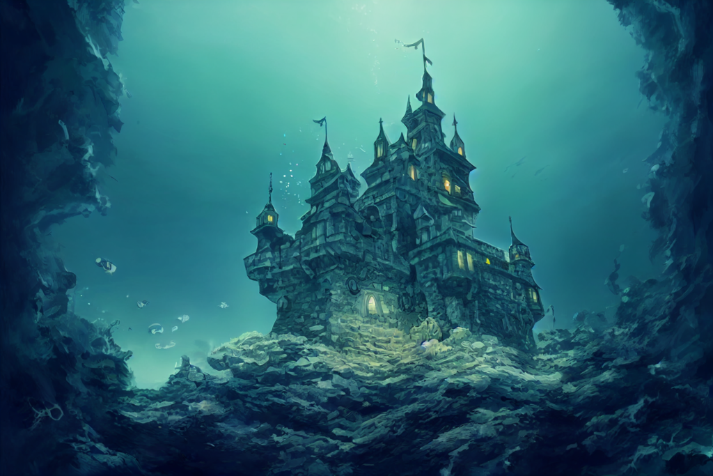 海中にある城の外観の背景イラスト04,Illustration of Undersea Castle04