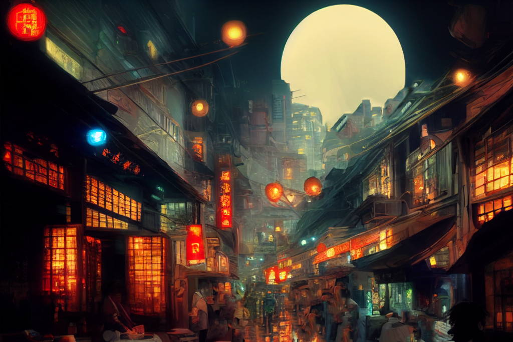 中国・上海の街並み（夜）の背景イラスト02,Illustration of China-Shanghai Night Cityscape02