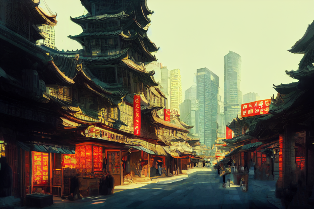 中国・上海の街並み（昼）の背景イラスト02,Illustration of China-Shanghai Daytime Cityscape02