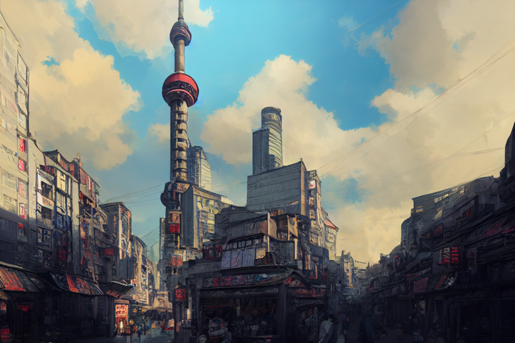 中国・上海の街並み（昼）の背景イラスト03,Illustration of China-Shanghai Daytime Cityscape03