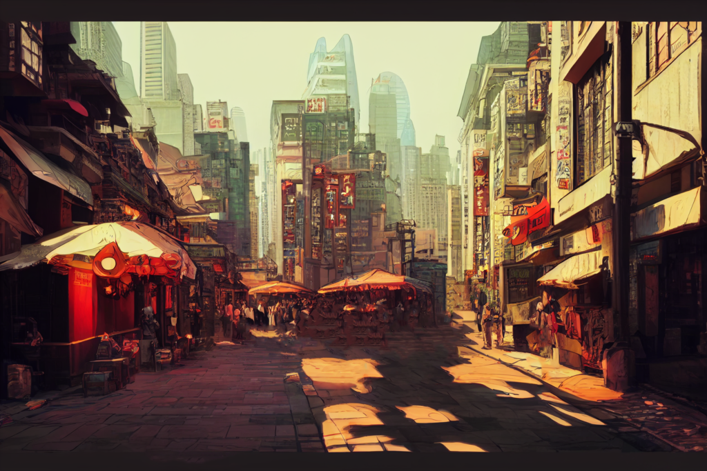 中国・上海の街並み（昼）の背景イラスト06,Illustration of China-Shanghai Daytime Cityscape06