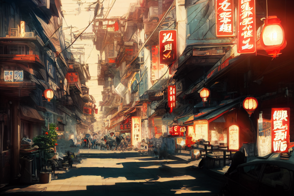 中国・上海の街並み（夕方）の背景イラスト01,Illustration of China-Shanghai Sunset-evening Cityscape01