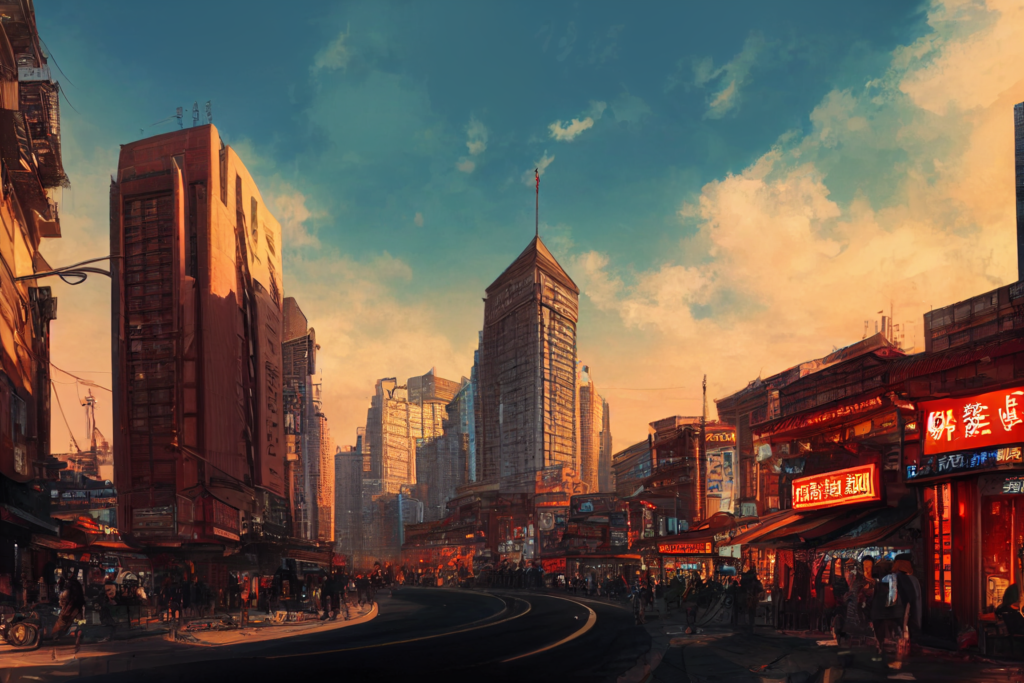 中国・上海の街並み（夕方）の背景イラスト02,Illustration of China-Shanghai Sunset-evening Cityscape02