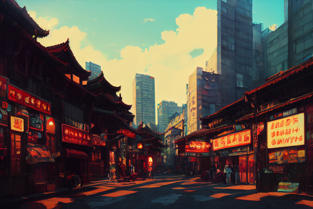 中国・上海の街並み（夕方）の背景イラスト03,Illustration of China-Shanghai Sunset-evening Cityscape03