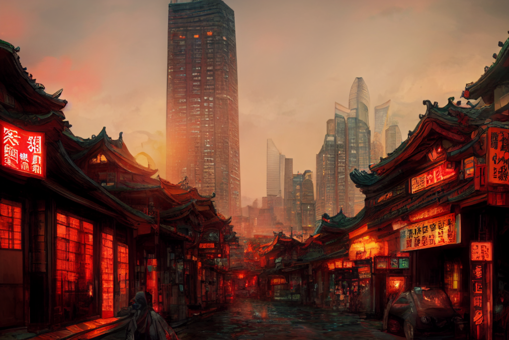 中国・上海の街並み（夕方）の背景イラスト04,Illustration of China-Shanghai Sunset-evening Cityscape04