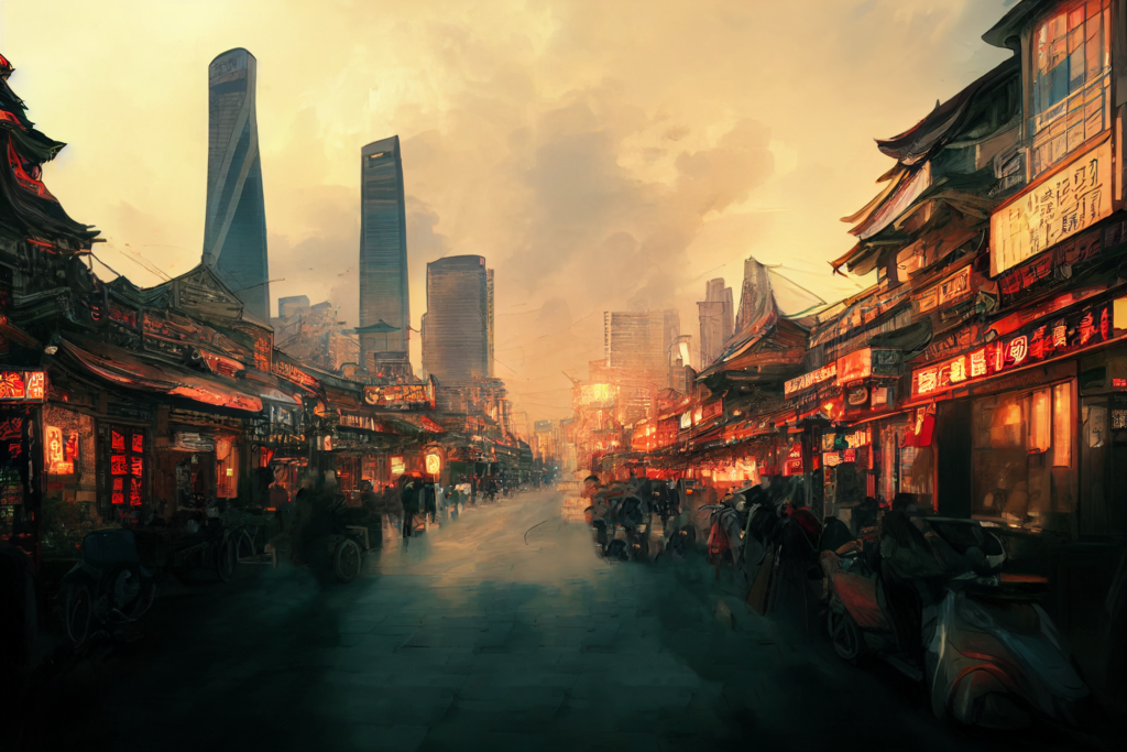 中国・上海の街並み（夕方）の背景イラスト05,Illustration of China-Shanghai Sunset-evening Cityscape05
