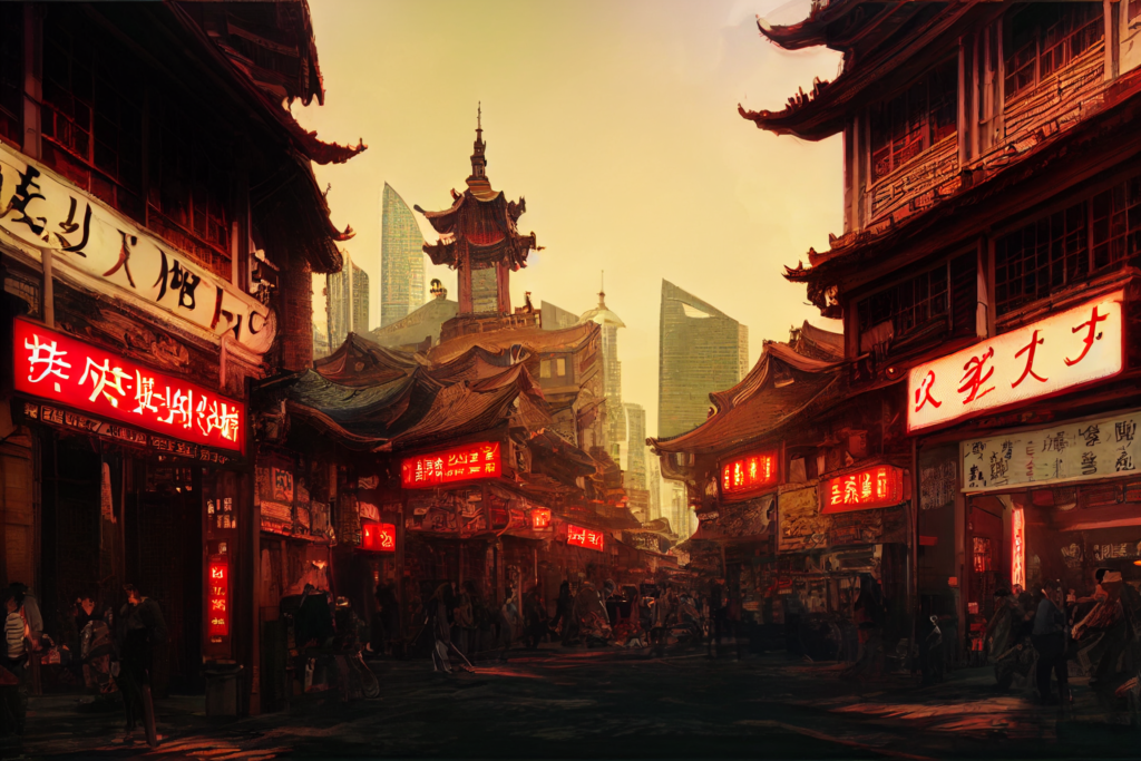 中国・上海の街並み（夕方）の背景イラスト06,Illustration of China-Shanghai Sunset-evening Cityscape06