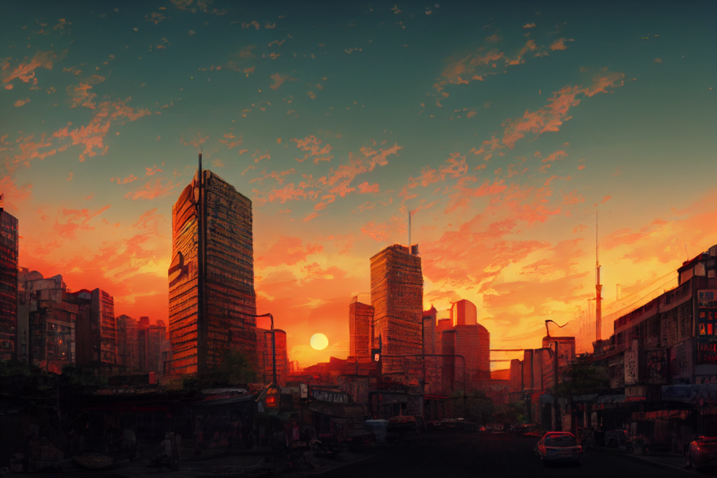 中国・上海の街並み（夕方）の背景イラスト07,Illustration of China-Shanghai Sunset-evening Cityscape07