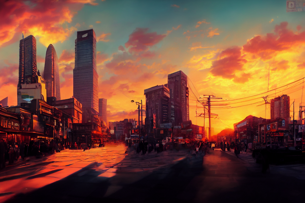 中国・上海の街並み（夕方）の背景イラスト08,Illustration of China-Shanghai Sunset-evening Cityscape08