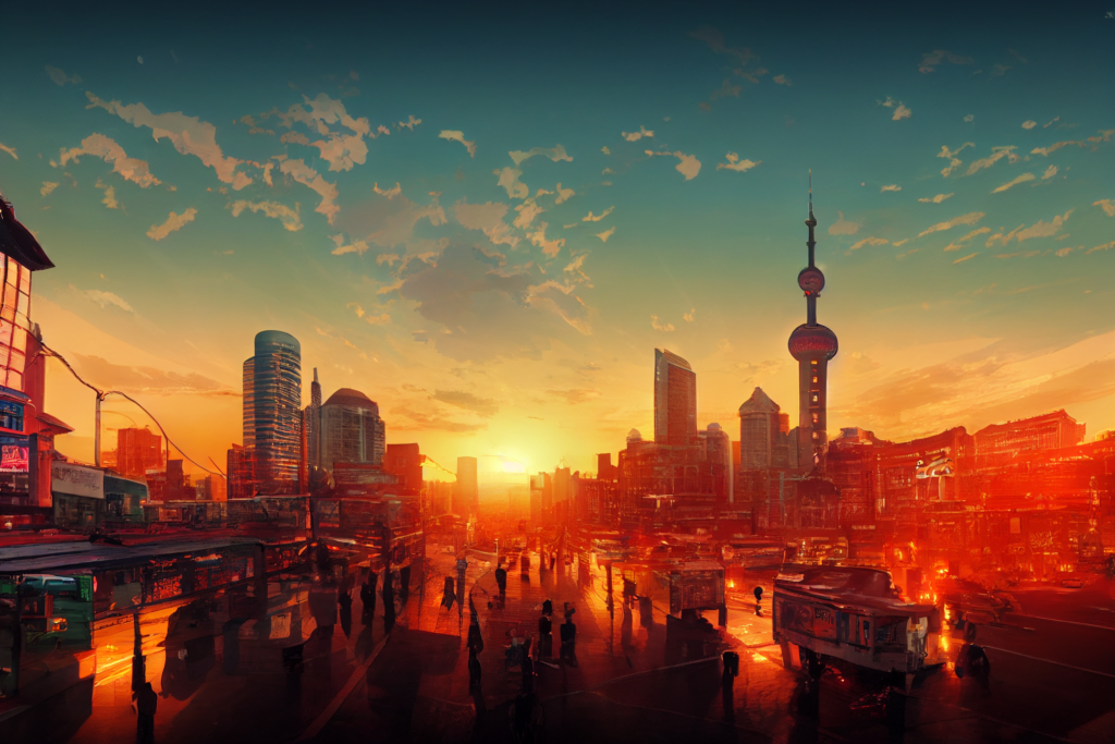 中国・上海の街並み（夕方）の背景イラスト09,Illustration of China-Shanghai Sunset-evening Cityscape09