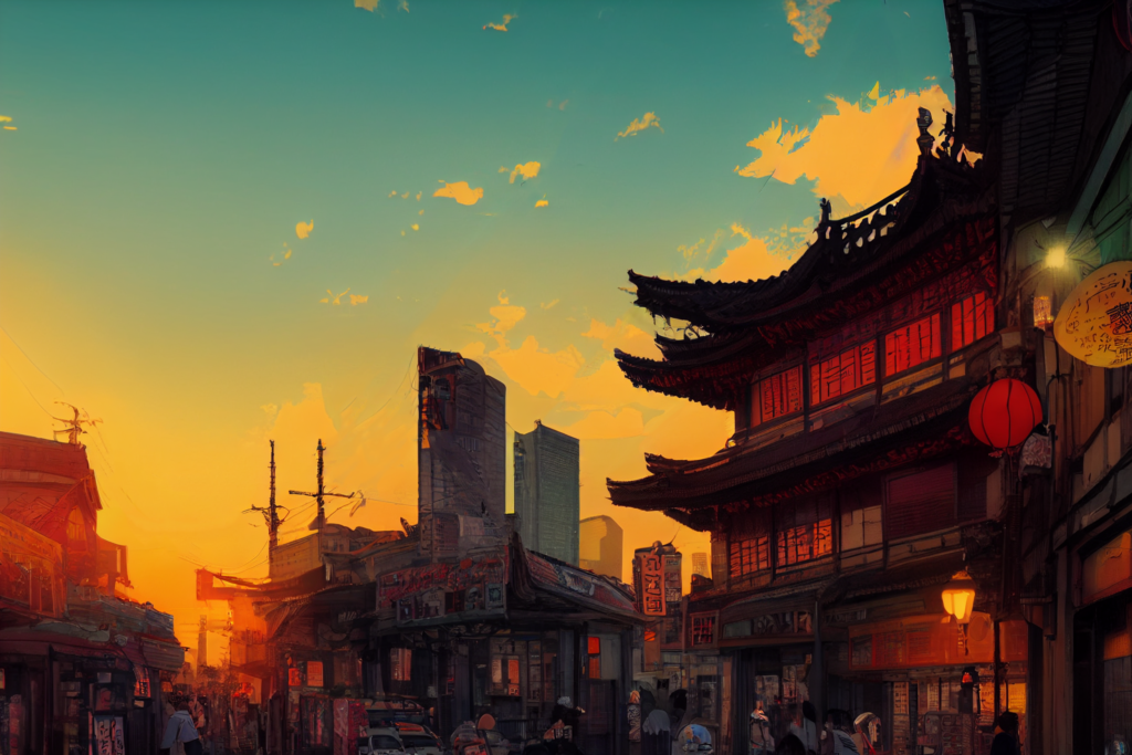 中国・上海の街並み（夕方）の背景イラスト10,Illustration of China-Shanghai Sunset-evening Cityscape10