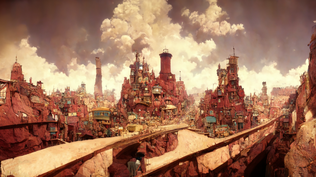 スチームパンク風の街の背景イラスト06,Illustration of Steampunk City06