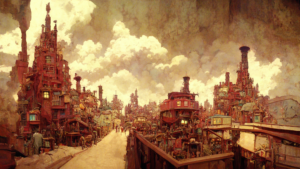 スチームパンク風の街の背景イラスト07,Illustration of Steampunk City07