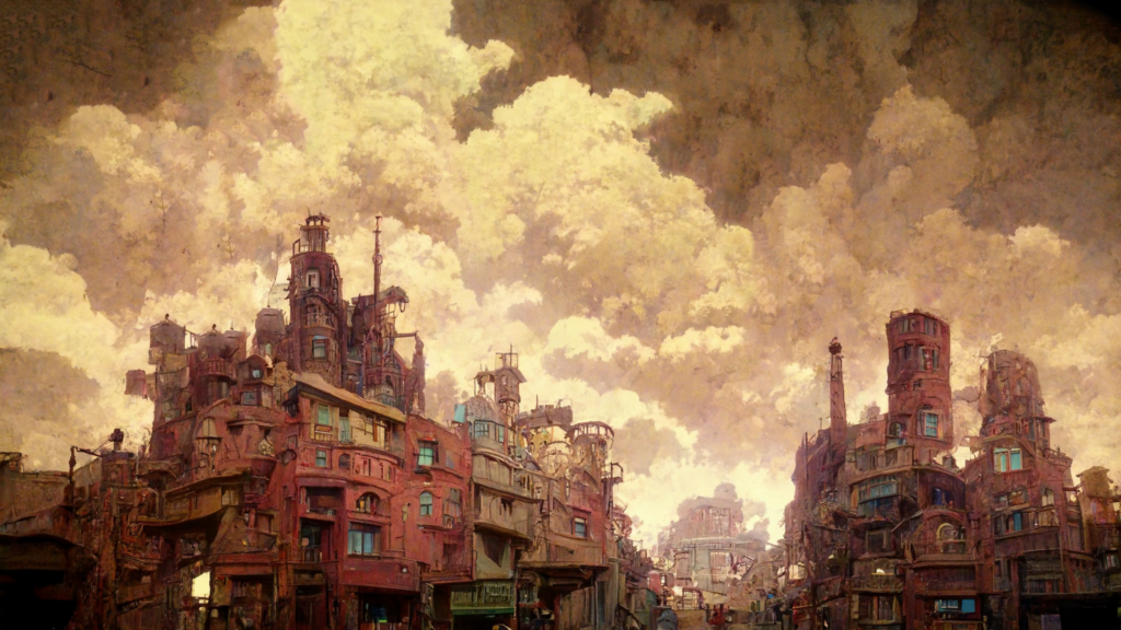 スチームパンク風の街の背景イラスト17,Illustration of Steampunk City17