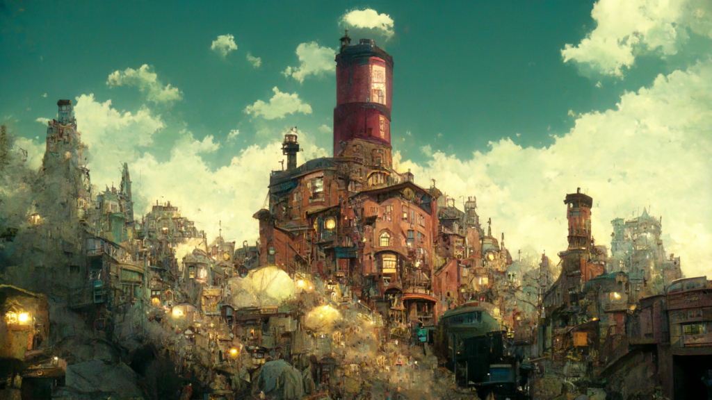 スチームパンク風の街の背景イラスト21,Illustration of Steampunk City21