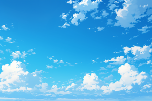 澄み渡った青空に白い雲が点在している風景。晴れ渡った空が広がり、柔らかい雲が浮かんでいる。
