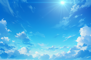 青空と白い雲が広がる風景。太陽の光が強く、明るく晴れた空が広がっている。