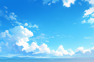 青空と白い雲が広がる風景。遠くの地平線まで見渡せる開けた景色で、のどかな雰囲気が漂う。