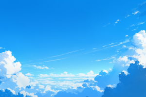 青空に浮かぶ白い雲が広がる風景。雲が多めで、空の広がりが感じられる景色。