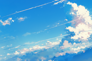 青空に浮かぶ雲と、空を横切る飛行機雲が印象的な風景。鮮やかな空の青が広がっている。