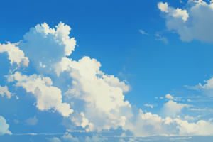 青空に浮かぶ大きな白い雲が広がる風景。遠くの地平線まで見渡せる広がりのある景色。