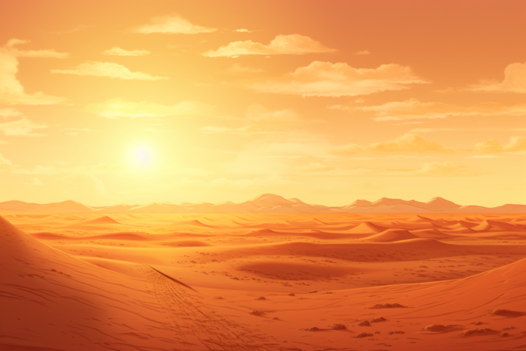 昼の砂漠のイラスト、朝日が昇っている