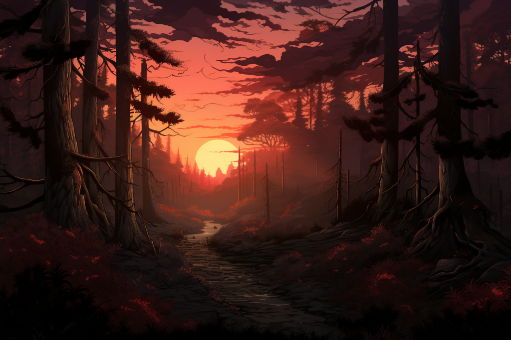夕方の森林のイラスト